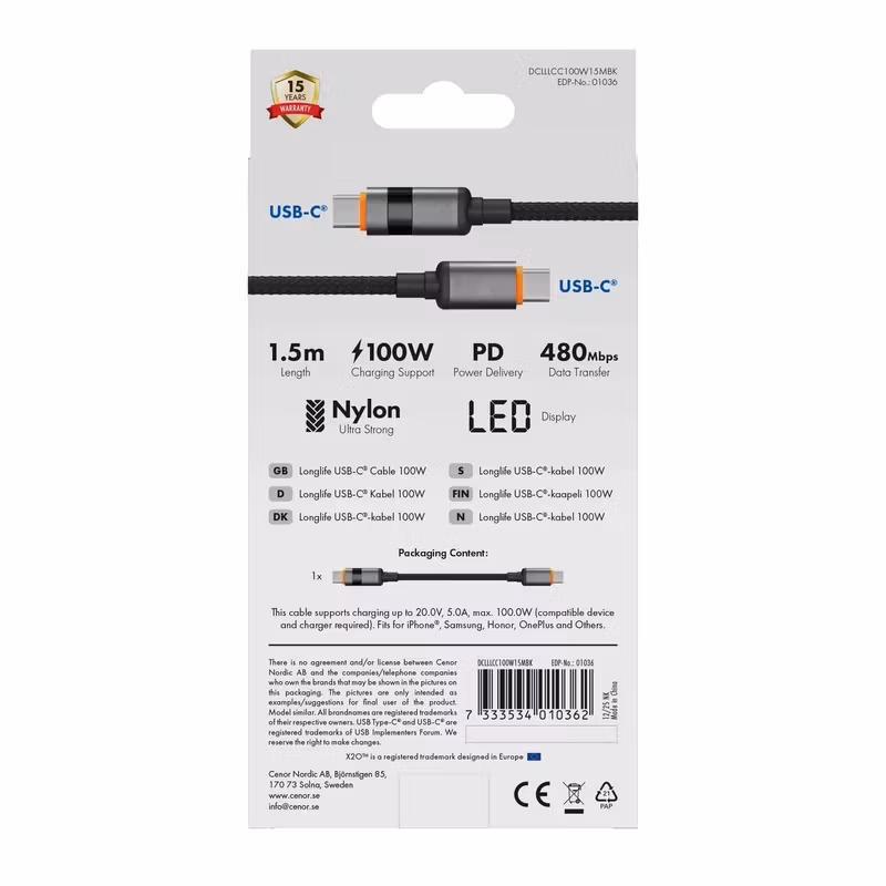 X2O Longlife 100 W USB-C till USB-C-kabel med LED-display 1,5 m Svart