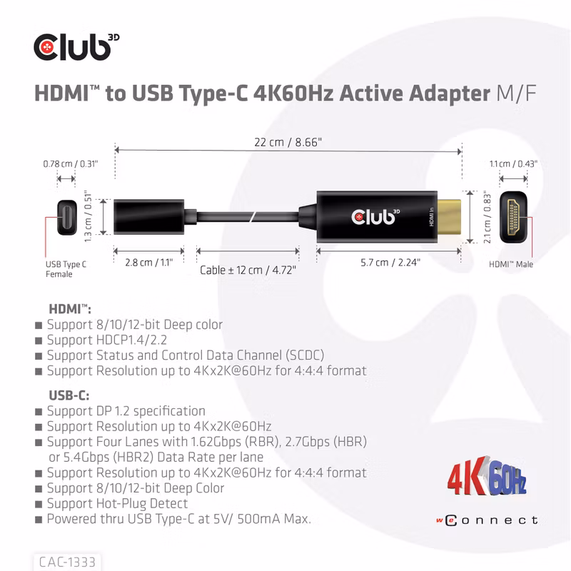 Club 3D CAC-1333 HDMI till USB-C-adapterkabel 4K 60 Hz 22 cm Svart