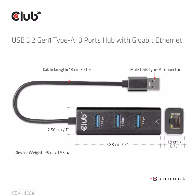 Club 3D CSV-1430A 4-i-1 USB 3.2 Gen 1-hubb med 3 × USB-A och Gigabit Ethernet Svart