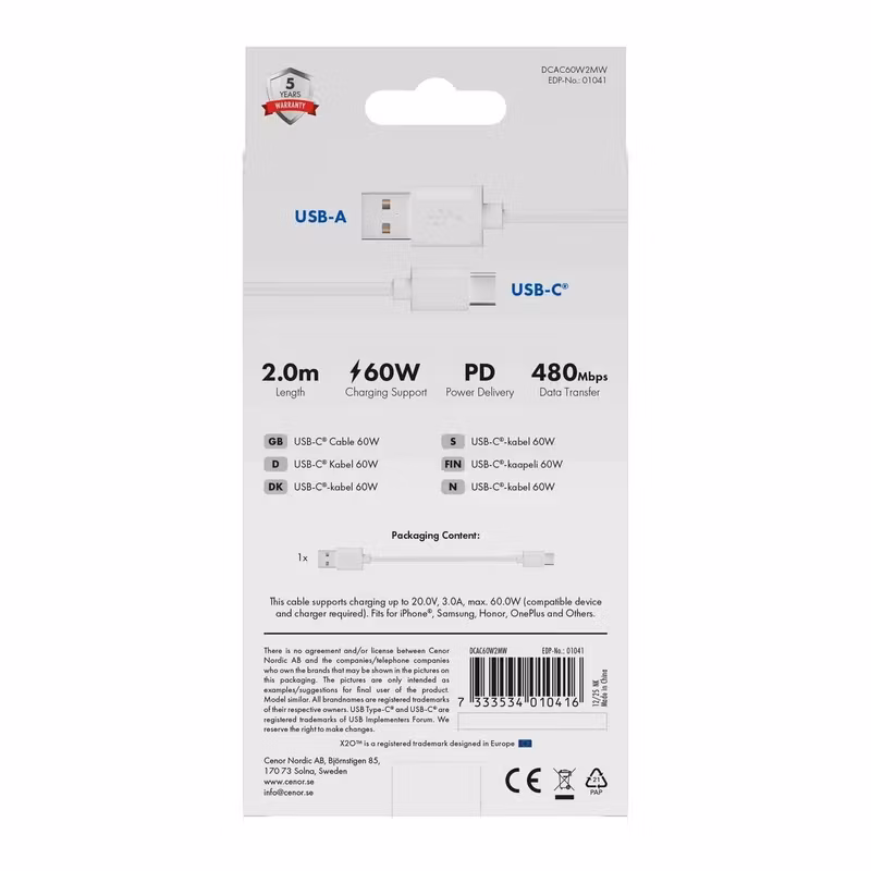 X2O Basic USB-A/C 60 W-kabel 2 m Vit