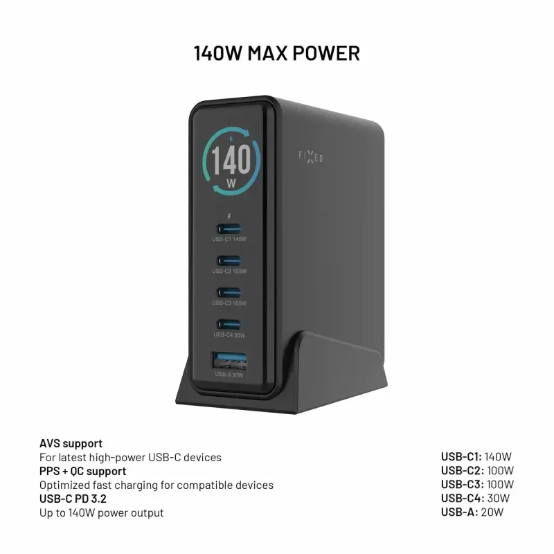 FIXED FIXCG140D-4C1A-BK 140 W GaN Bordsladdare med display 4 × USB-C och USB-A Black