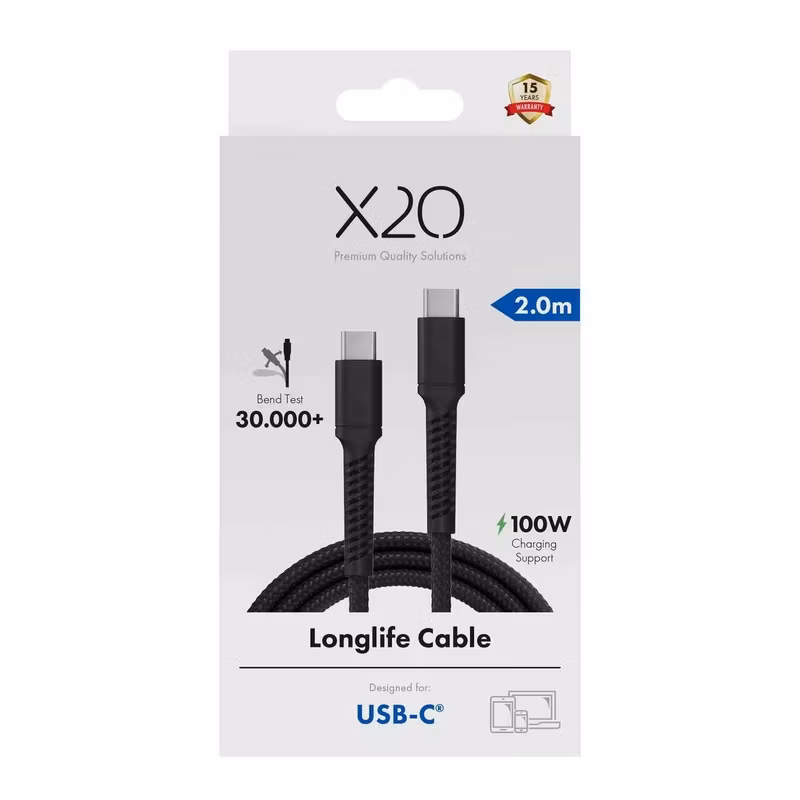X2O Longlife 100 W USB-C till USB-C-kabel 2 m Svart