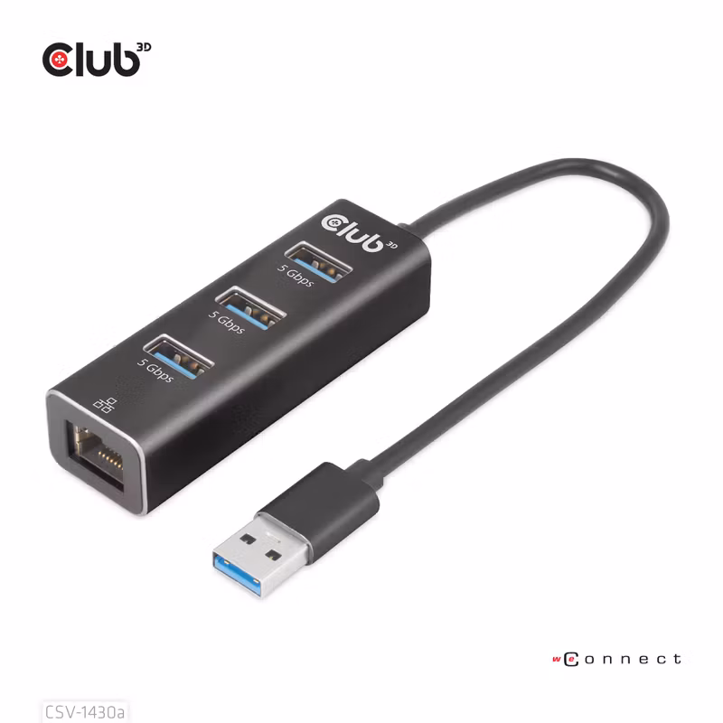 Club 3D CSV-1430A 4-i-1 USB 3.2 Gen 1-hubb med 3 × USB-A och Gigabit Ethernet Svart