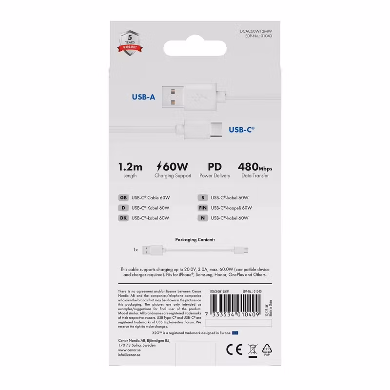 X2O Basic USB-A/C 60 W-kabel 1,2 m Vit
