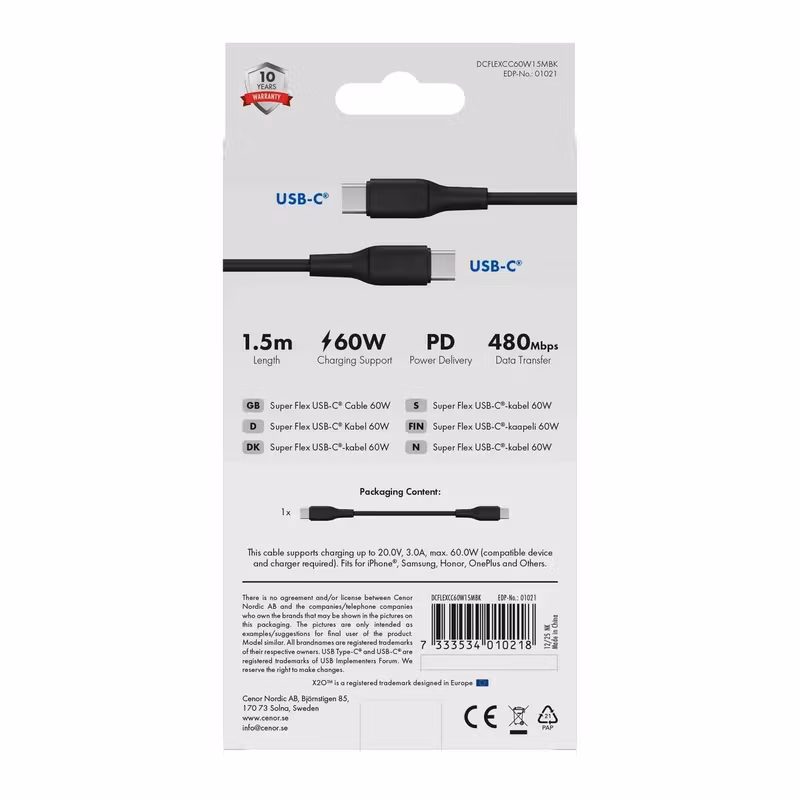 X2O Superflex USB-C till USB-C-kabel 60 W 1,5 m Svart