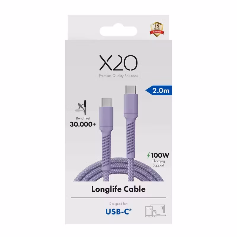 X2O Longlife 100 W USB-C till USB-C-kabel 2 m Lavendel
