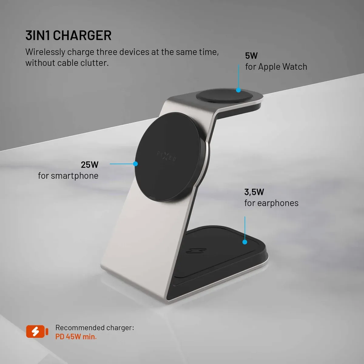 FIXED MagPowerstation Alu 3 FIXMPOS-AL3-GR 25 W Qi2.2 3-i-1 Trådlös laddstation för iPhone och Apple Watch Rymdgrå