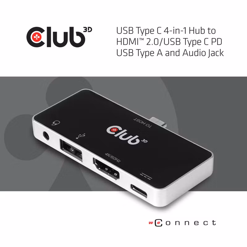 Club 3D CSV-1591 4-i-1 USB-C-hubb HDMI 4K 60 Hz med 100 W PD Svart