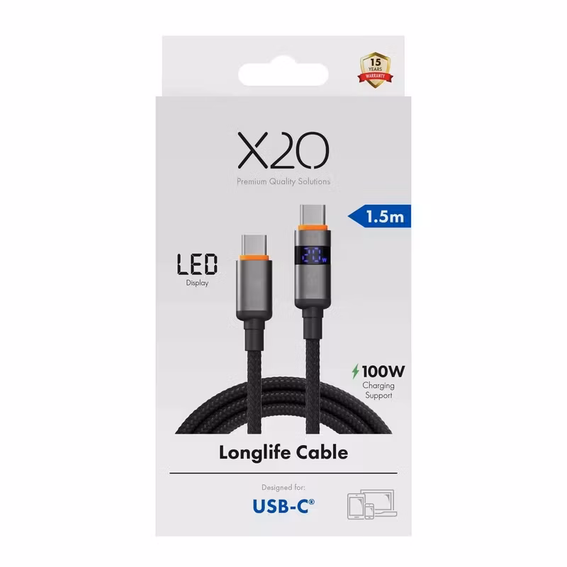 X2O Longlife 100 W USB-C till USB-C-kabel med LED-display 1,5 m Svart