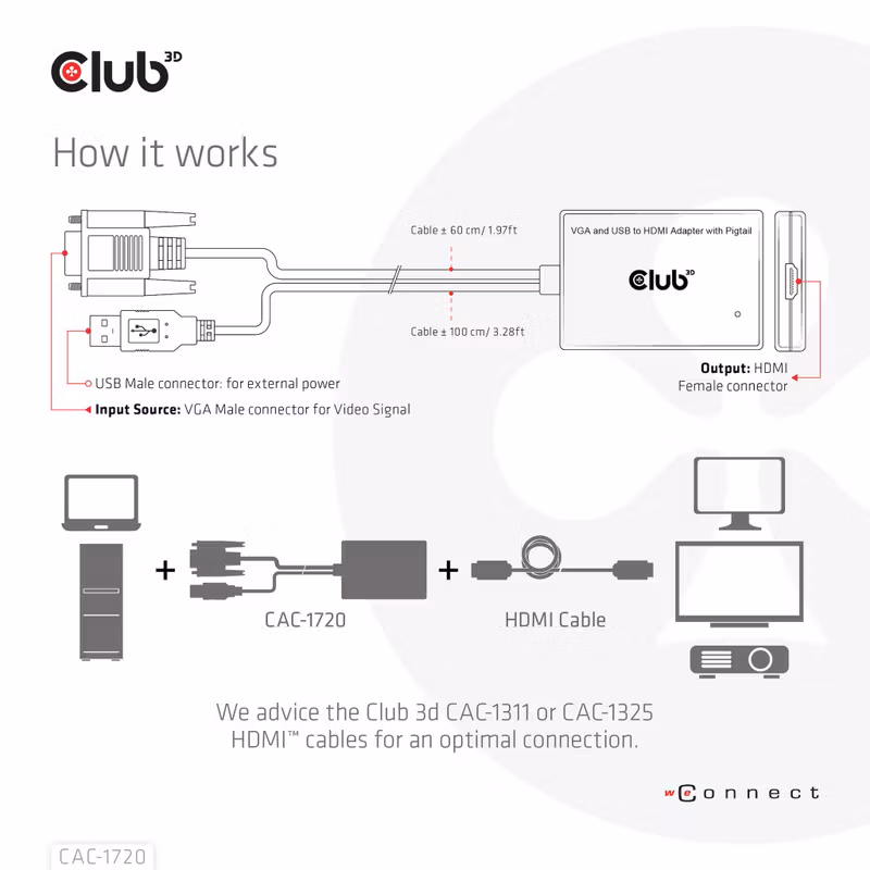 Club 3D CAC-1720 VGA och USB-A till HDMI-adapter 60 cm Svart