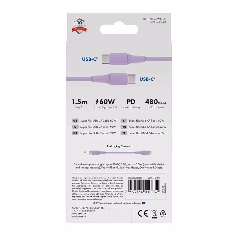 X2O Superflex USB-C till USB-C-kabel 60 W 1,5 m Lavendel