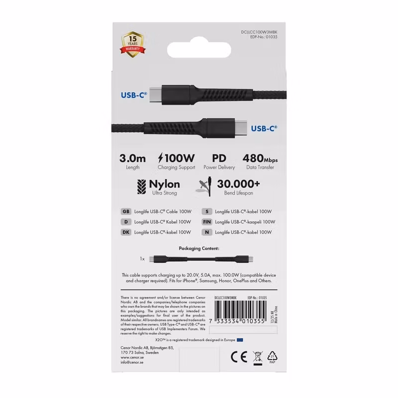 X2O Longlife 100 W USB-C till USB-C-kabel 3 m Svart