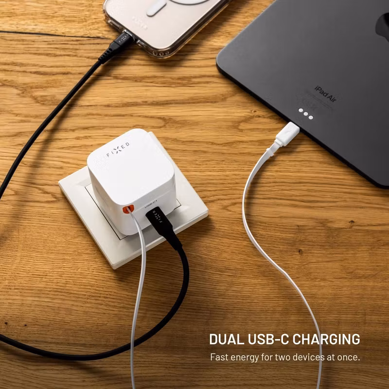 FIXED FIXCG65R-2C-WH 65 W GaN USB-C-laddare med 2 portar och utdragbar kabel Vit