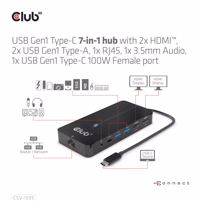 Club 3D CSV-1595 7-i-1 USB-C-dockningsstation med 2 × HDMI och 100 W PD Svart