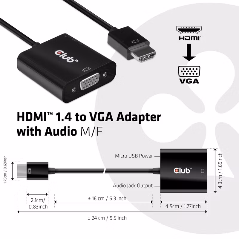 Club 3D CAC-1302 HDMI till VGA Aktiv adapter med ljud Svart