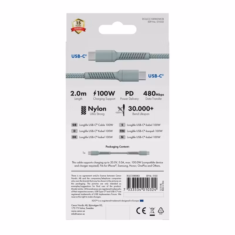 X2O Longlife 100 W USB-C till USB-C-kabel 2 m Molnblå