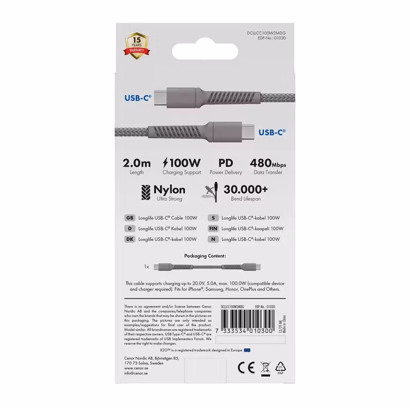X2O Longlife 100 W USB-C till USB-C-kabel 2 m Titangrå