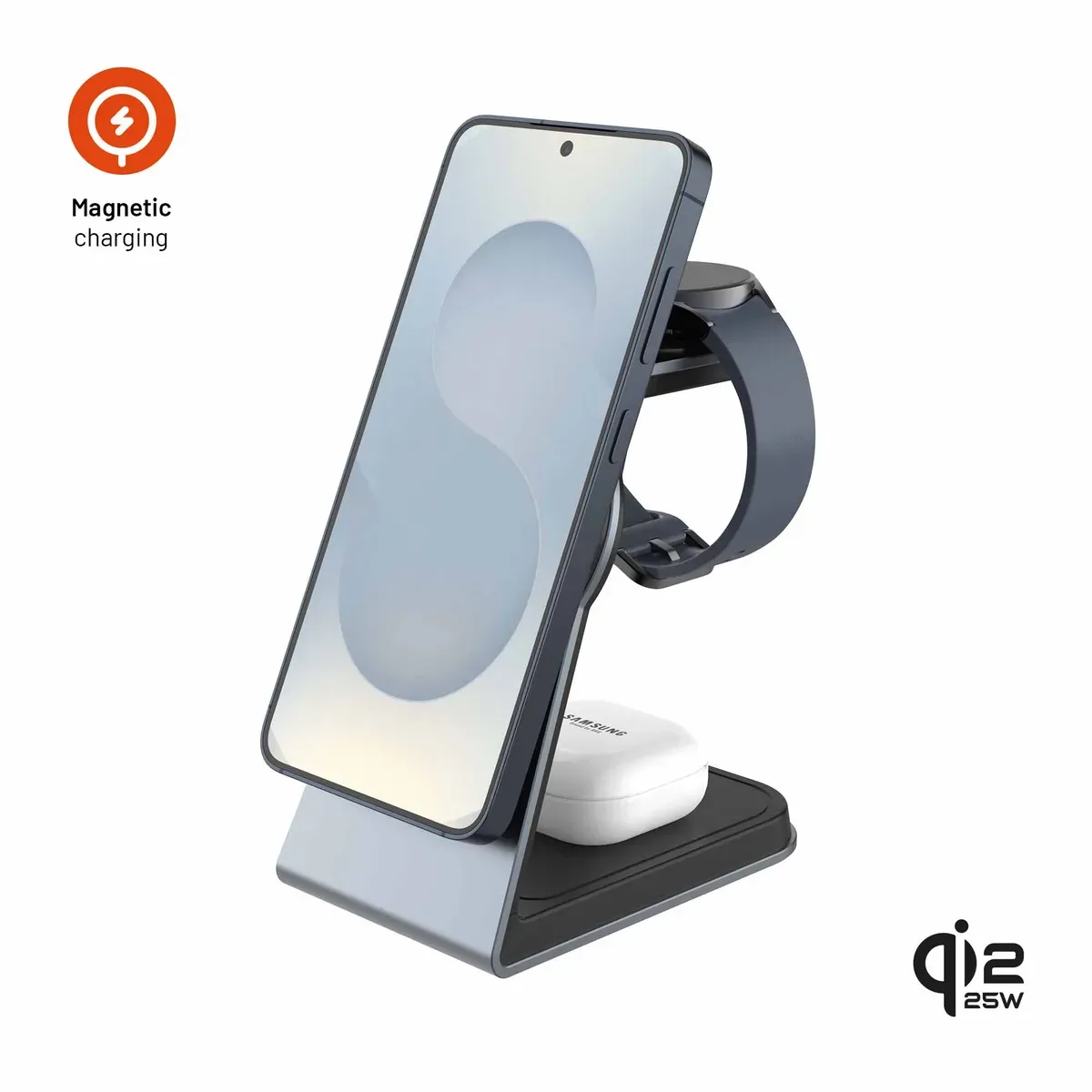 FIXED MagPowerstation Alu for Samsung FIXMPOS-ALS-GR 25 W Qi2.2 3-i-1 Trådlös laddstation Rymdgrå