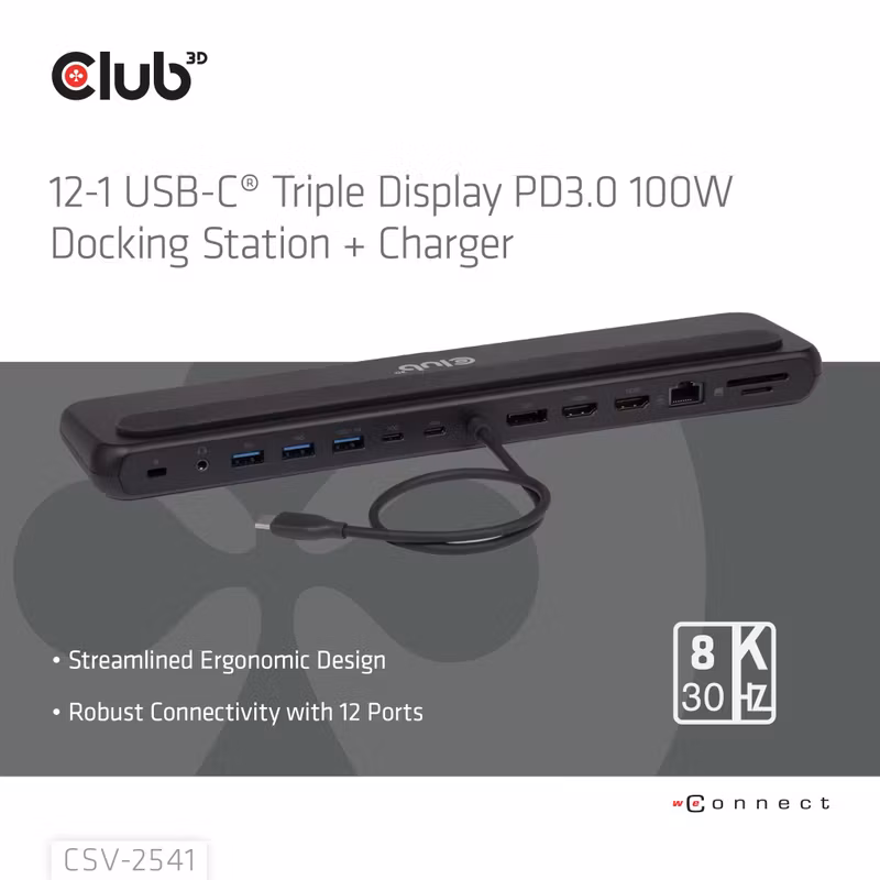 Club 3D CSV-2541 12-i-1 USB-C-dockningsstation för tre skärmar med 100 W PD