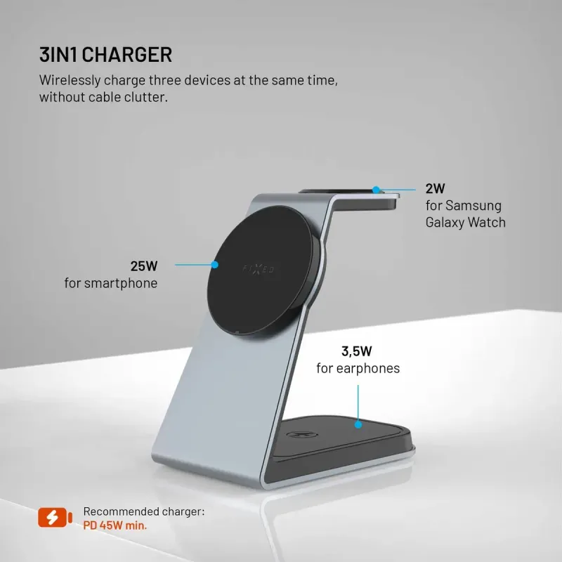 FIXED MagPowerstation Alu for Samsung FIXMPOS-ALS-GR 25 W Qi2.2 3-i-1 Trådlös laddstation Rymdgrå