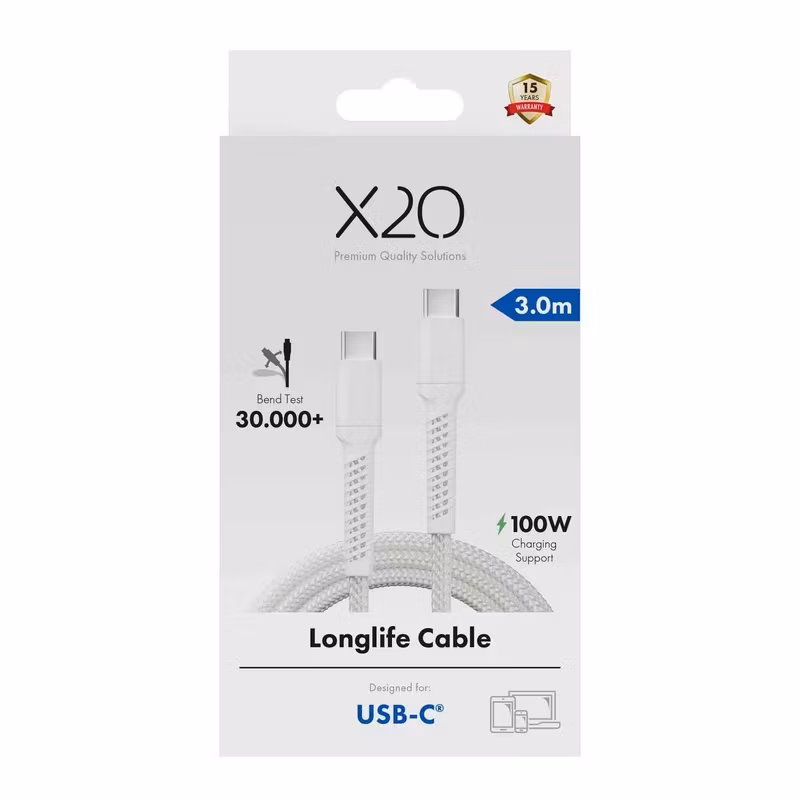 X2O Longlife 100 W USB-C till USB-C-kabel 3 m Vit
