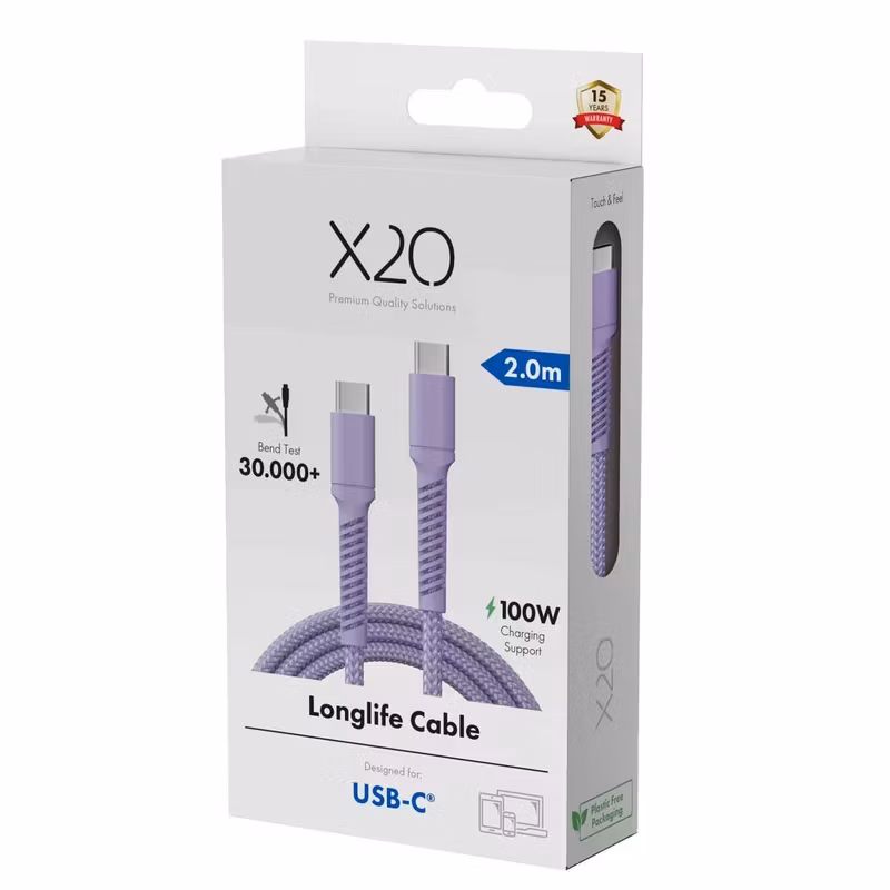 X2O Longlife 100 W USB-C till USB-C-kabel 2 m Lavendel
