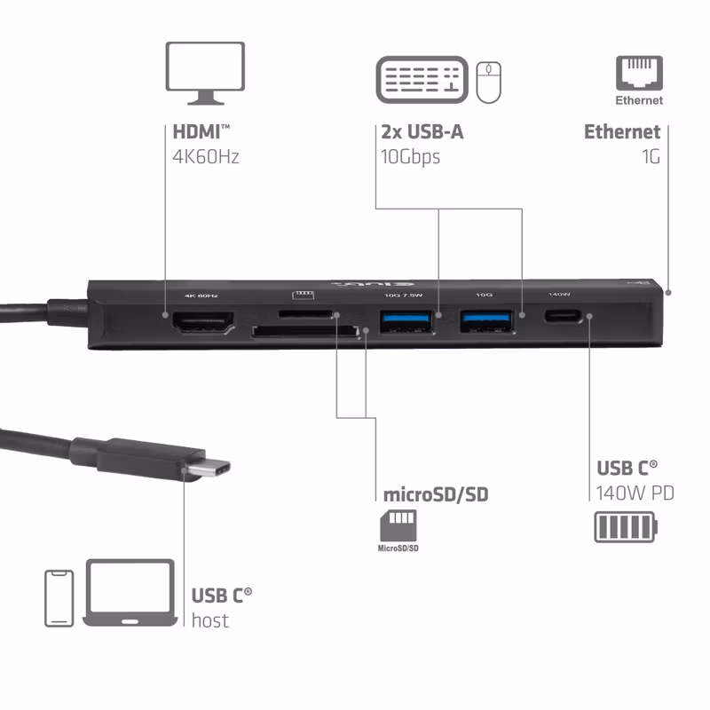 Club 3D CSV-2555 7-i-1 USB-C-hubb med HDMI 4K 60 Hz och PD 3.1 140 W Svart