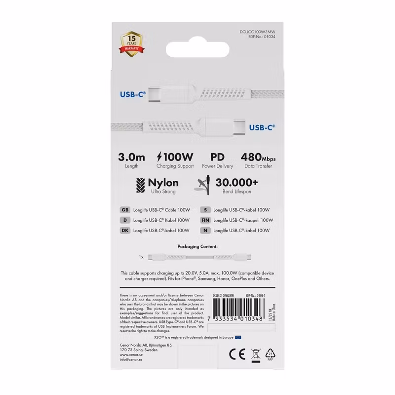 X2O Longlife 100 W USB-C till USB-C-kabel 3 m Vit