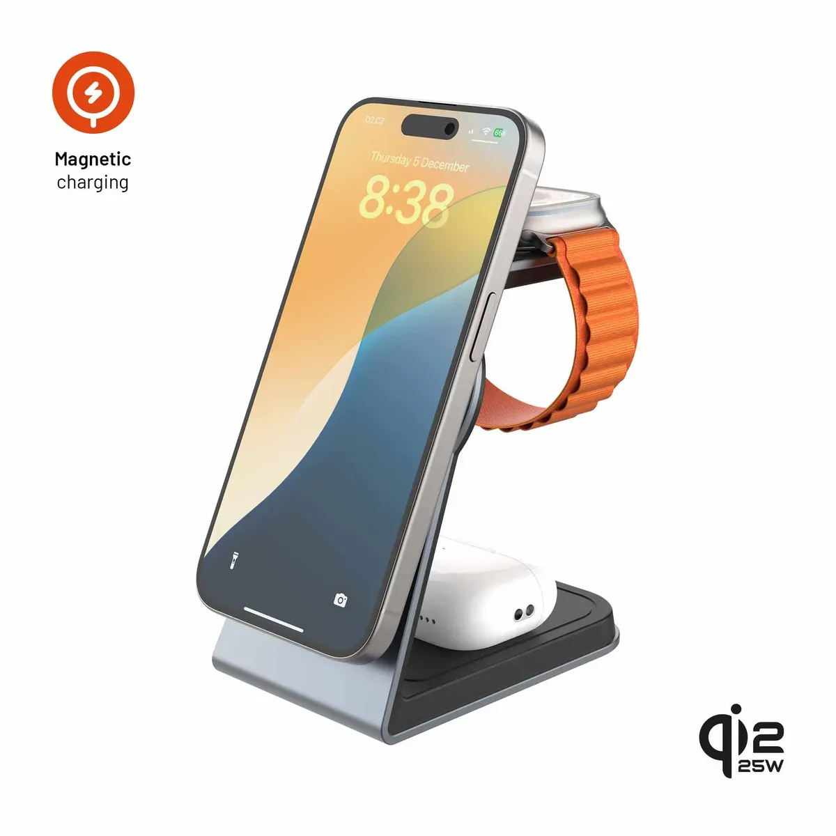 FIXED MagPowerstation Alu 3 FIXMPOS-AL3-GR 25 W Qi2.2 3-i-1 Trådlös laddstation för iPhone och Apple Watch Rymdgrå