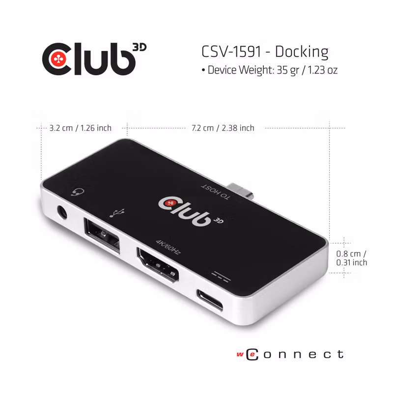 Club 3D CSV-1591 4-i-1 USB-C-hubb HDMI 4K 60 Hz med 100 W PD Svart