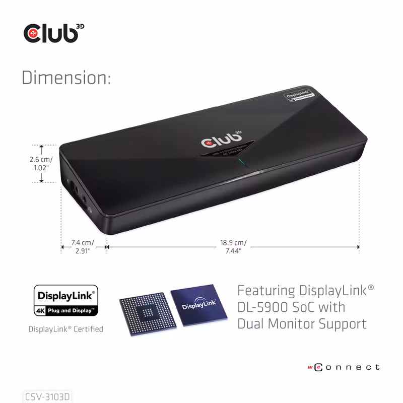 Club 3D CSV-3103D 9-i-1 USB-A-dockningsstation 4K 30 Hz med HDMI, DisplayPort och DVI Svart