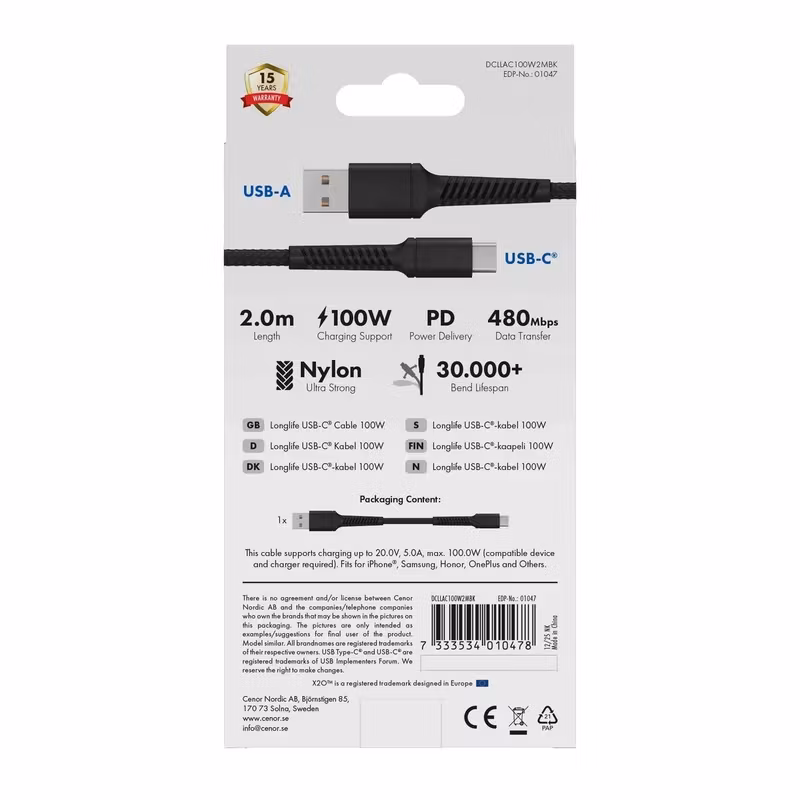 X2O Longlife 60 W USB-A till USB-C-kabel 2 m Svart