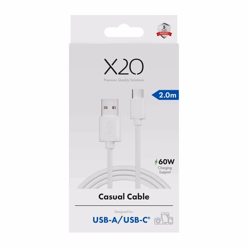 X2O Basic USB-A/C 60 W-kabel 2 m Vit