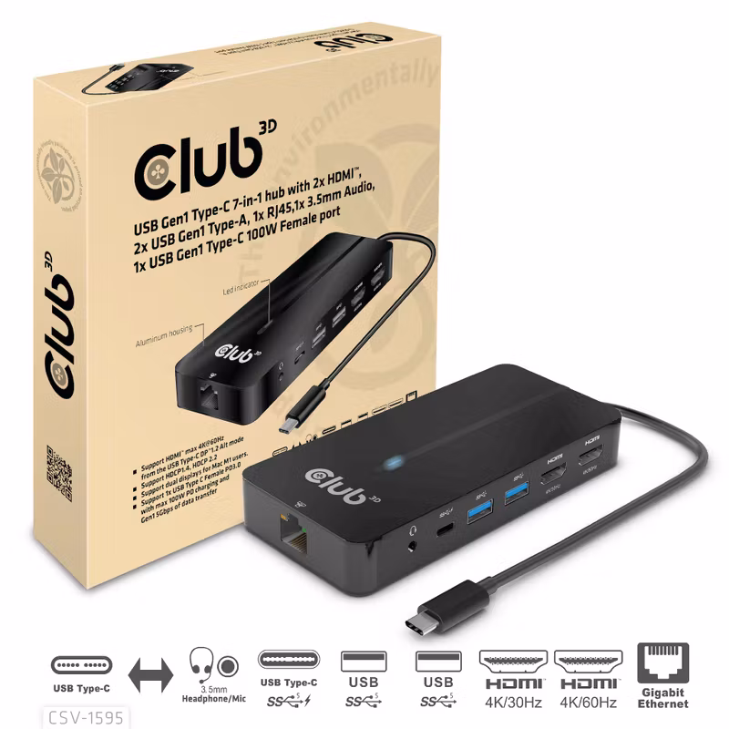 Club 3D CSV-1595 7-i-1 USB-C-dockningsstation med 2 × HDMI och 100 W PD Svart