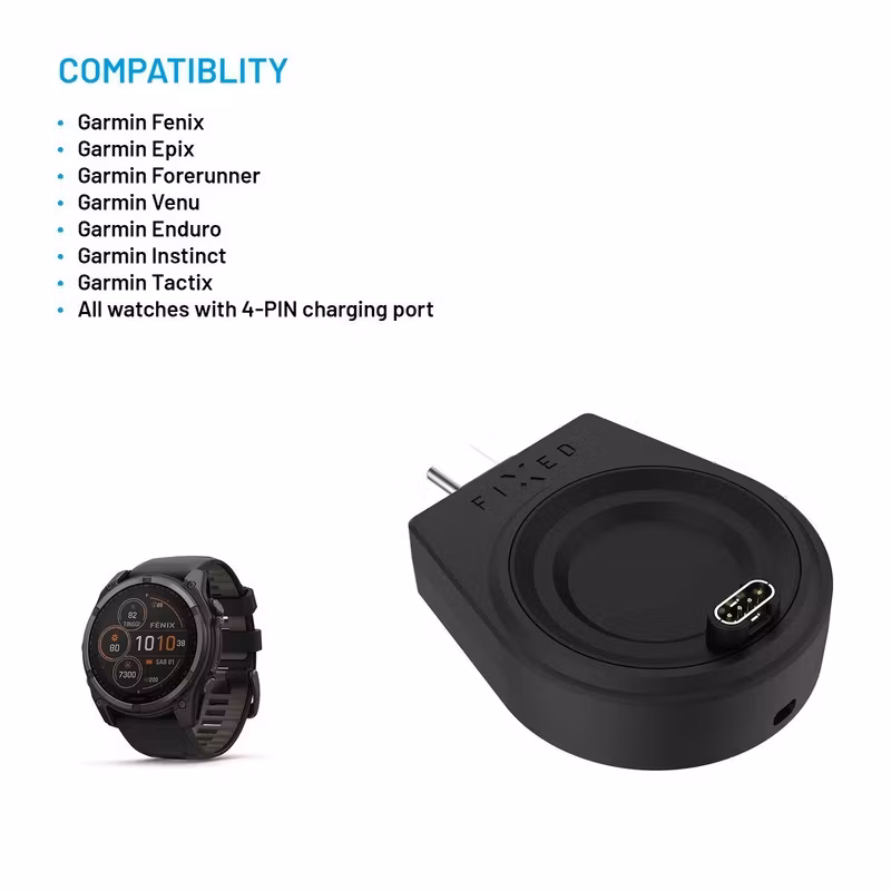 FIXED USB-C Laddningsadapter för Garmin Smartwatch Svart