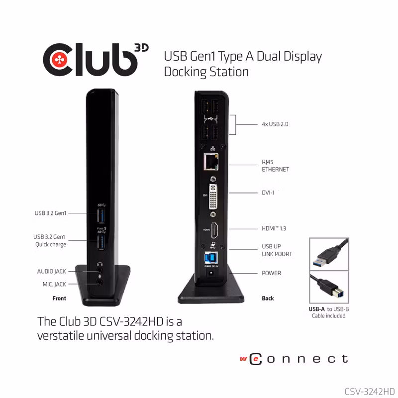 Club 3D CSV-3242HD 11-i-1 USB-A-dockningsstation för två skärmar med HDMI och DVI