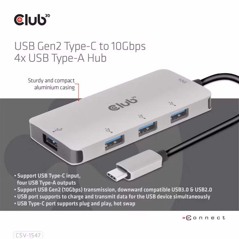 Club 3D CSV-1547 USB-C-hubb 10 Gbps med 4 × USB-A Grå