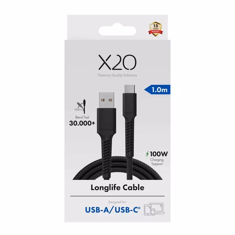 X2O Longlife USB-A till USB-C-kabel 60 W 1 m Svart