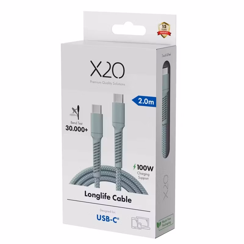 X2O Longlife 100 W USB-C till USB-C-kabel 2 m Molnblå