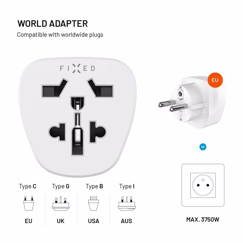 FIXED Reseadapter Schuko EU/Världen Vit