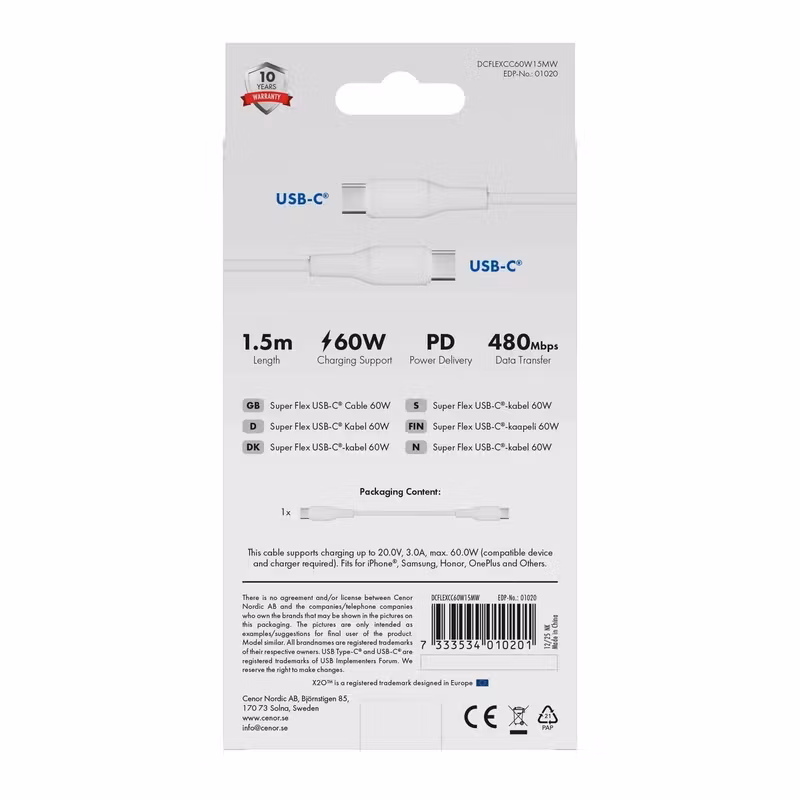 X2O Superflex 60 W USB-C till USB-C-kabel 1,5 m Vit