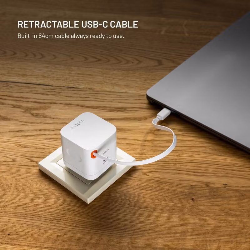 FIXED FIXCG65R-2C-WH 65 W GaN USB-C-laddare med 2 portar och utdragbar kabel Vit