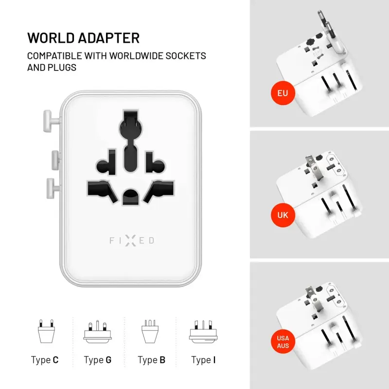 FIXED Voyager 70 W GaN USB-C/USB-A Reseladdare EU/UK/USA/AU Vit
