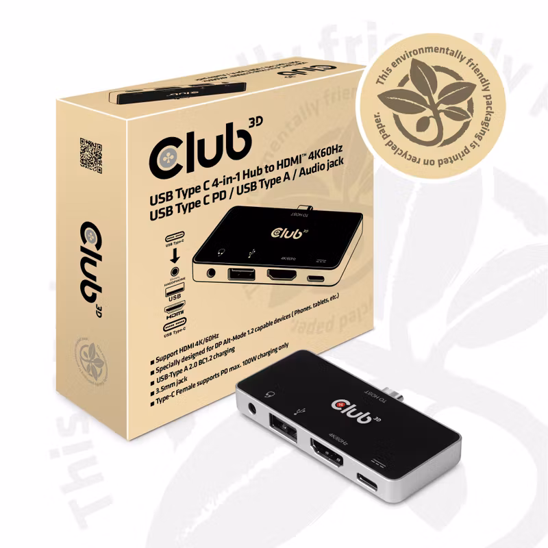 Club 3D CSV-1591 4-i-1 USB-C-hubb HDMI 4K 60 Hz med 100 W PD Svart