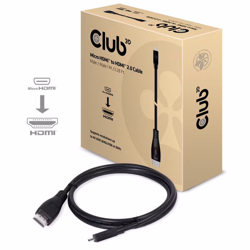 Club 3D CAC-1351 Micro HDMI till HDMI 2.0 4K 60 Hz 1 m Kabel Svart