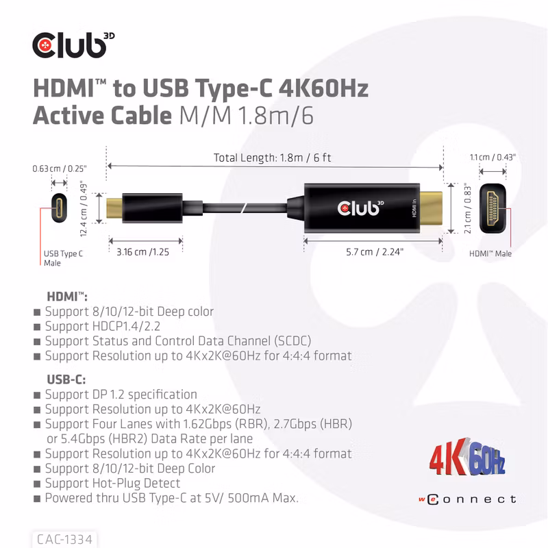 Club 3D CAC-1334 HDMI till USB-C-adapterkabel 4K 60 Hz 1,8 m Svart