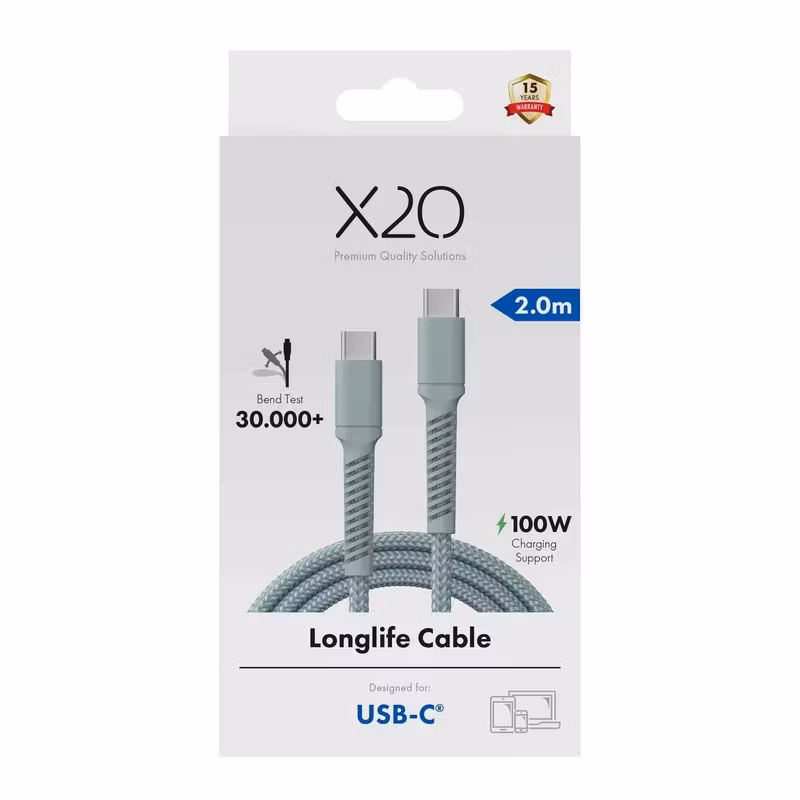 X2O Longlife 100 W USB-C till USB-C-kabel 2 m Molnblå