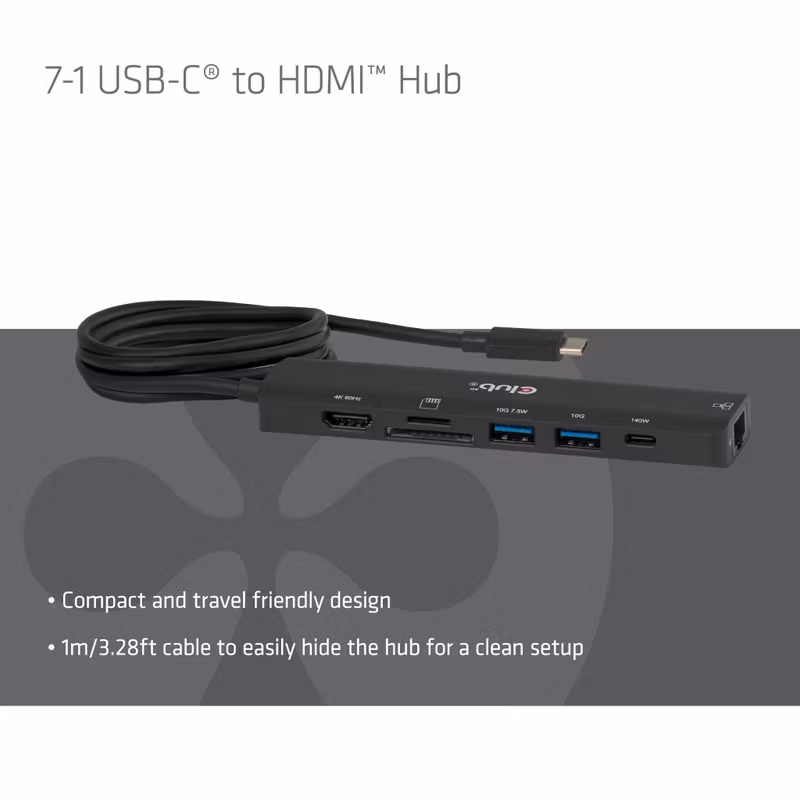 Club 3D CSV-2555 7-i-1 USB-C-hubb med HDMI 4K 60 Hz och PD 3.1 140 W Svart