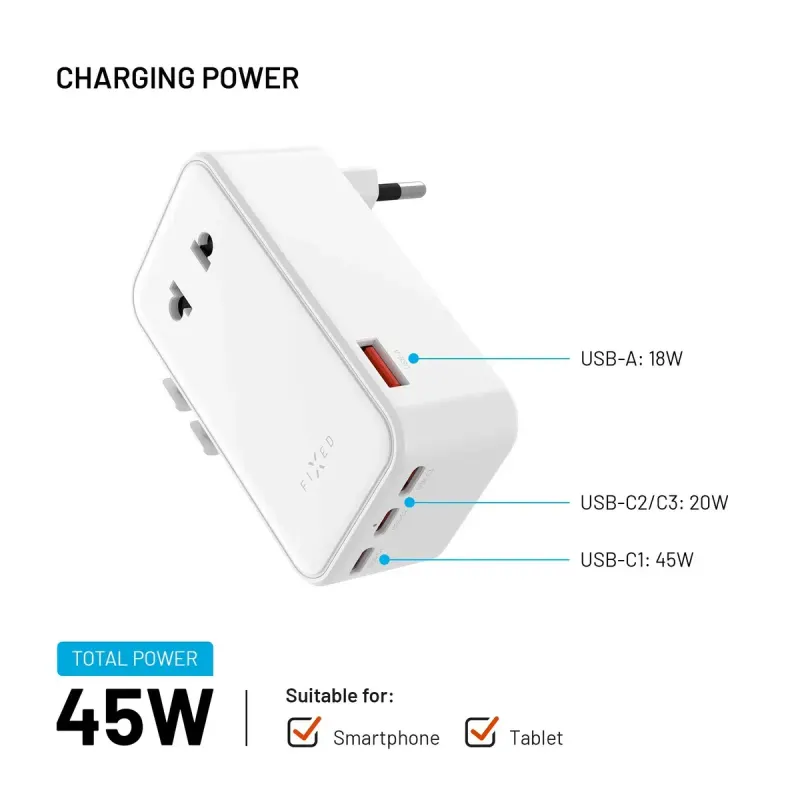 FIXED Voyager Slim 45 W GaN USB-C/USB-A Reseladdare EU/UK/USA/AU Vit
