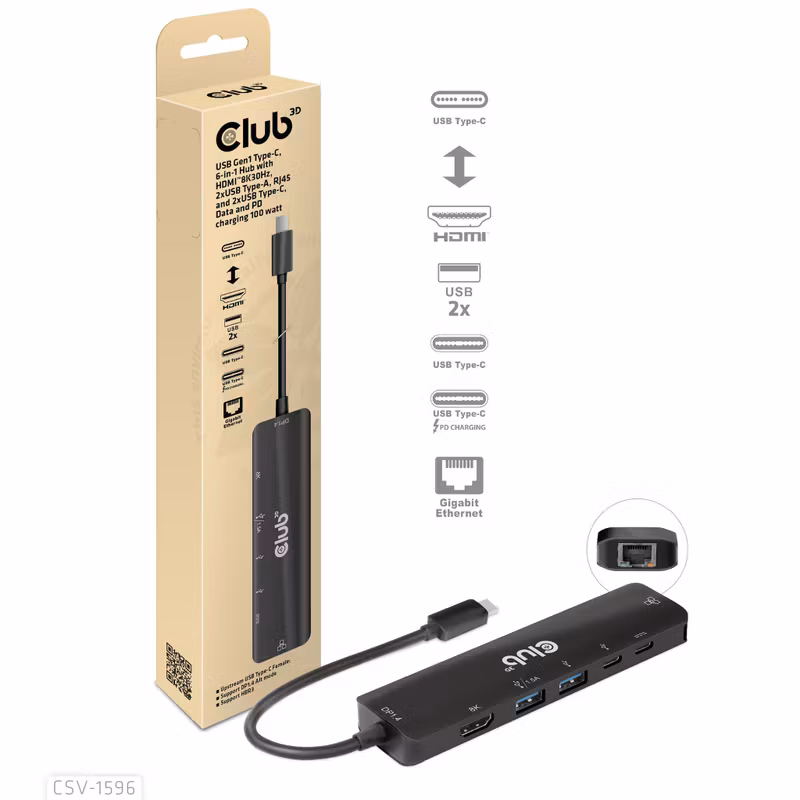 Club 3D CSV-1596 6-i-1 USB-C-dockningsstation HDMI 8K 30 Hz med 100 W PD Svart